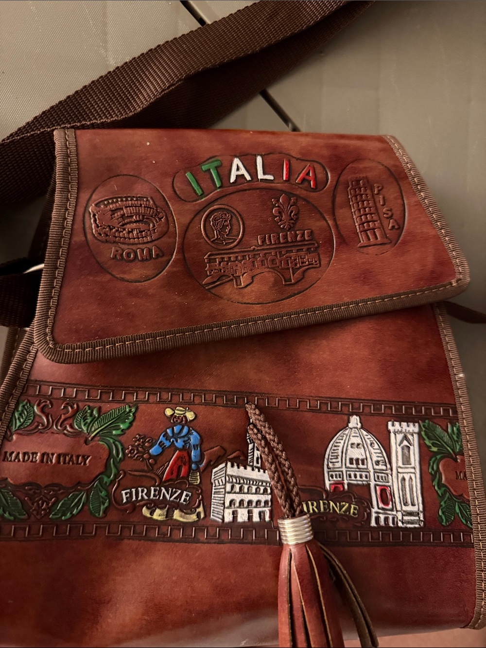 Italina Brown Leather Embossed Crossbody with Painted Italia Detail